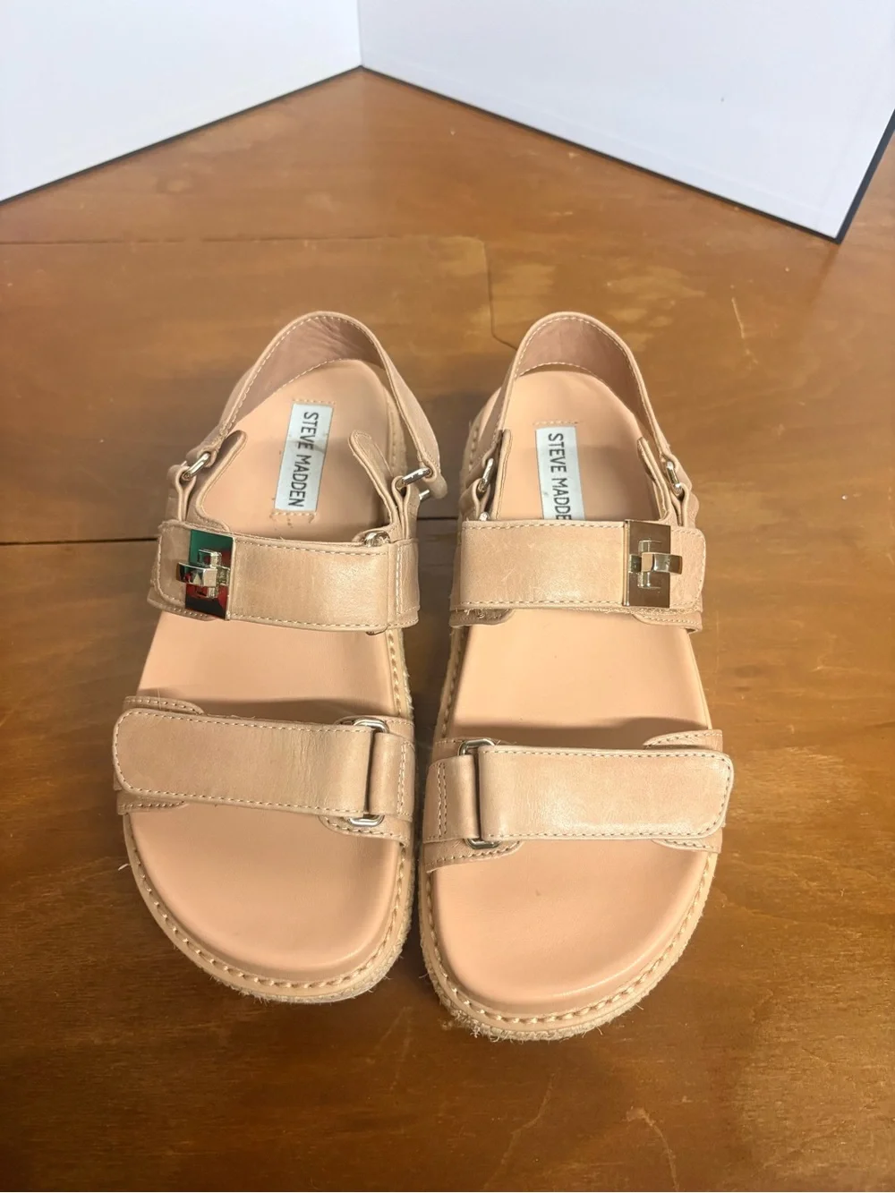 Steve Madden Tan Platform Velcro Sandals with Silver Buckle